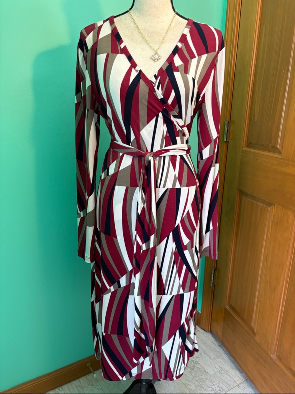 Banana Republic Burgundy, White & Navy Striped Long-Sleeve Wrap Dress